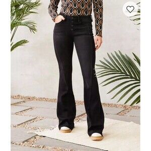 Women's Kancan Kurvy Mid Rise Plus Size 20/22 Super Flare Stretch Jeans Black